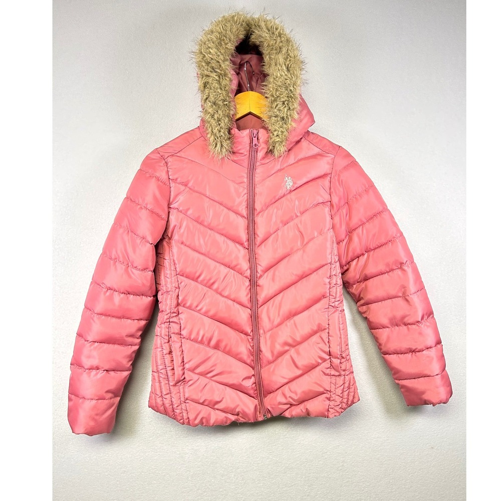 US Polo Assn Pink Puffer Jacket Faux Fur‎ Hood Quilted Zip Up Size S